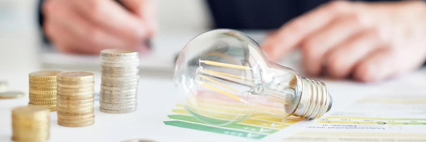 Lohnt sich Einspeisevergütung in 2025? Glühbirne neben Münzstapeln und einem Stromdokument mit Diagrammen – symbolisches Bild zur geringen Wirtschaftlichkeit der Einspeisevergütung bei Balkonkraftwerken.