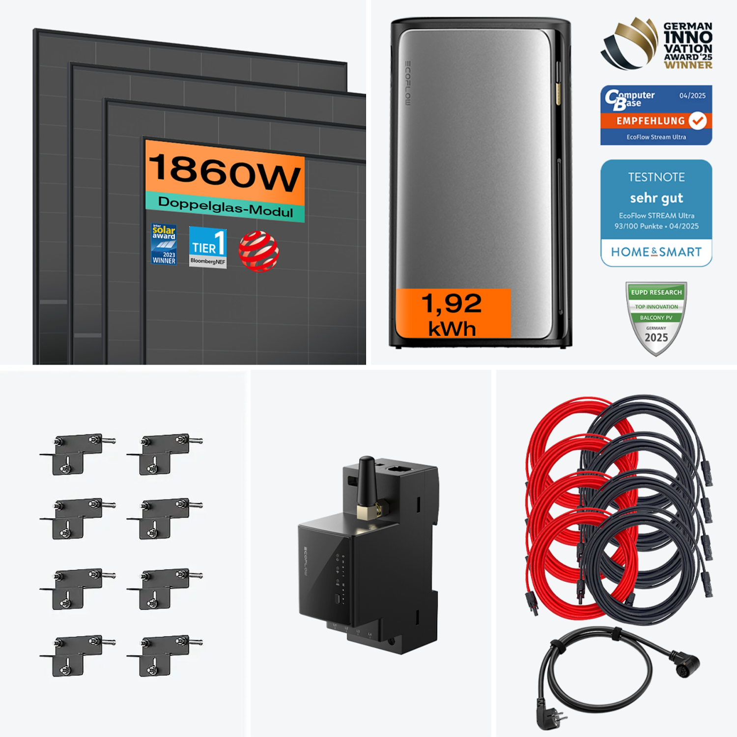 Balkonkraftwerk mit Speicher Ultra 1860 W mit Fassade 90° Halterung