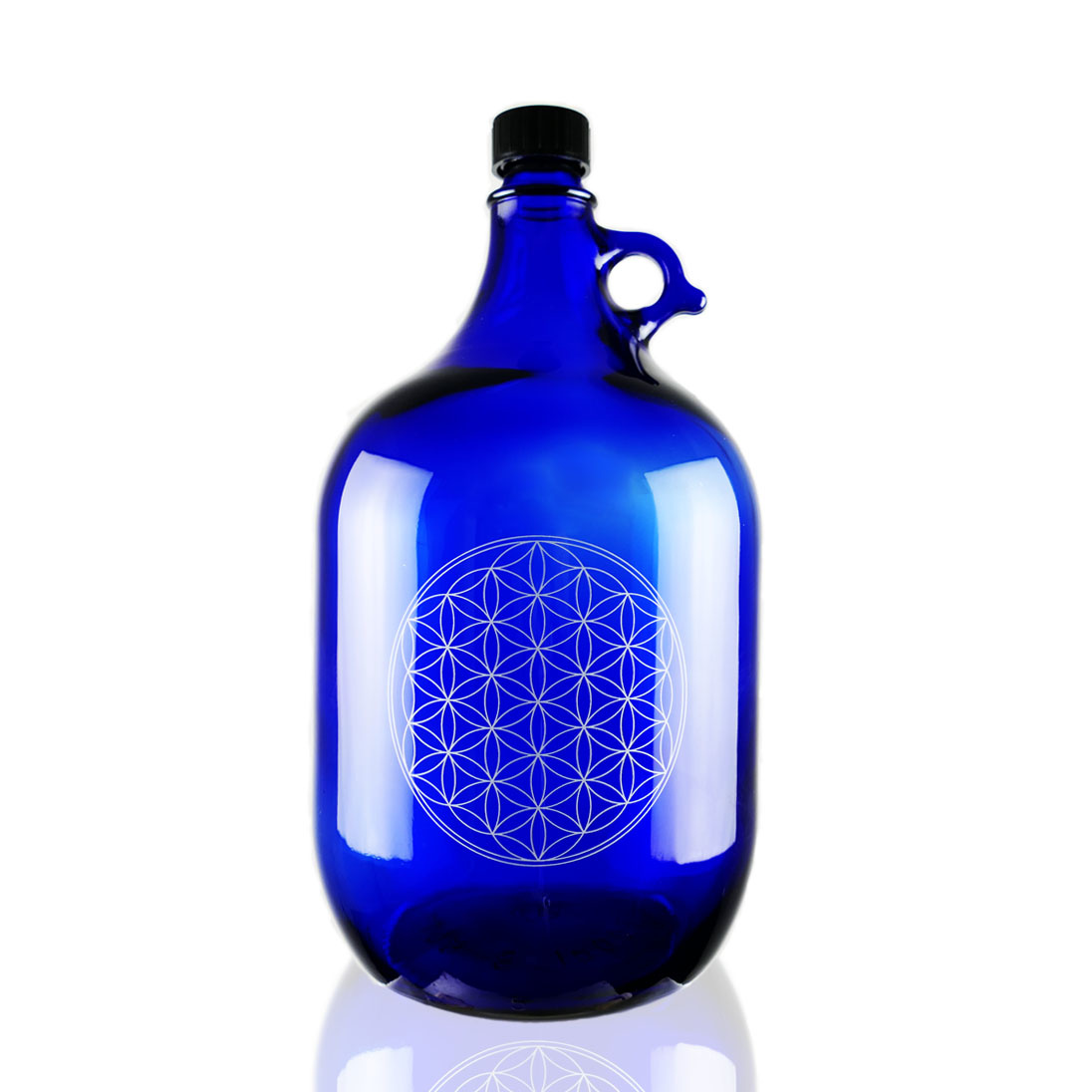 Glasballon 5 Liter blau mit Veredelung Blume des Lebens