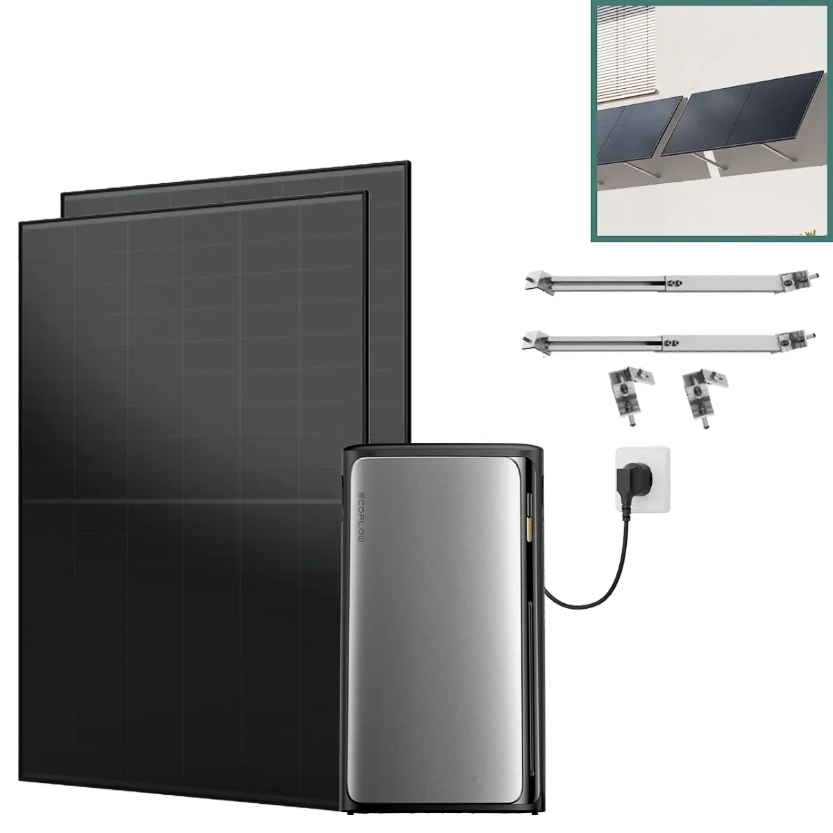 Balkonkraftwerk mit Speicher Pro 930 W mit Fassade 50° Halterung Balkonkraftwerk mit Speicher Pro 930 W mit Fassade 50° Halterung