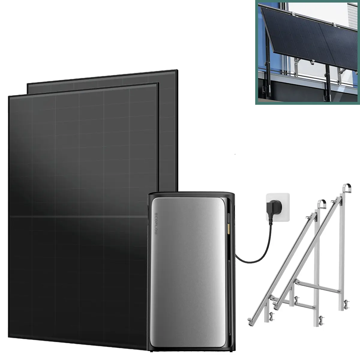 Balkonkraftwerk mit Speicher Pro 930 W mit Glasgeländer Halterung Balkonkraftwerk mit Speicher Pro 930 W mit Glasgeländer Halterung