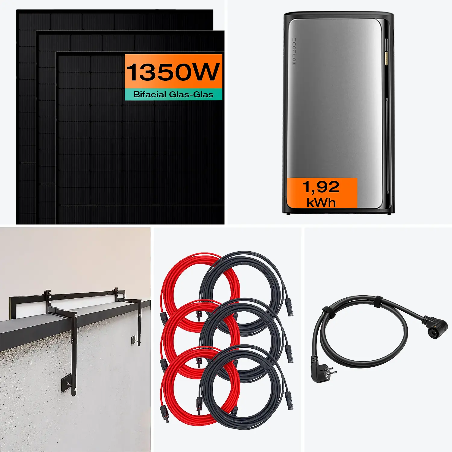 Balkonkraftwerk mit Speicher 1350 W Komplettset Pro mit Betonbrüstung Halterung (10-15 cm)
