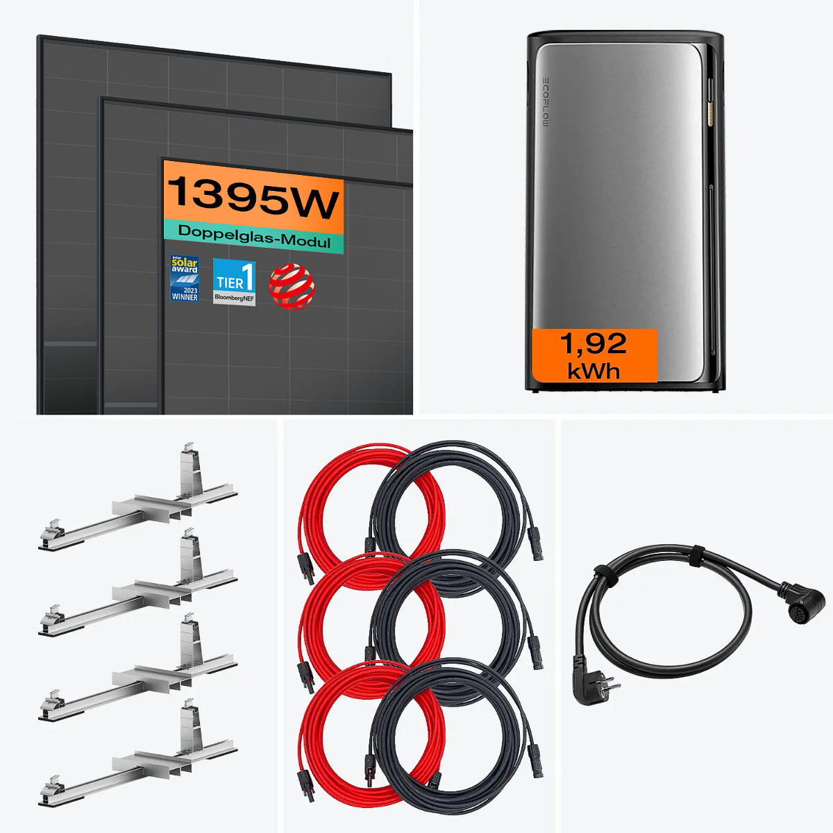 Setinhalt: 1350 W Balkonkraftwerk mit Speicherlösung und Flachdach-/Gartenhalterung