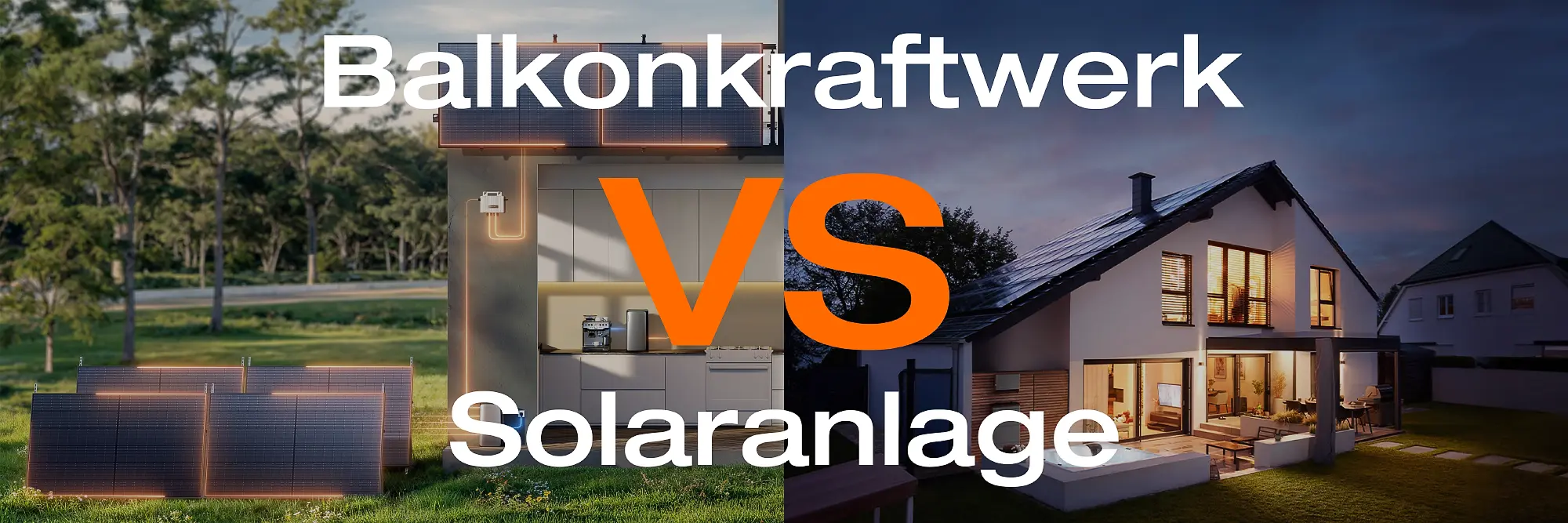 Balkonkraftwerk vs Solaranlage Vergleich zwischen Balkonkraftwerk mit zwei Solarmodulen im Garten und klassischer Dach-Photovoltaikanlage auf einem Einfamilienhaus – bildliche Gegenüberstellung von Mini-PV und großer PV-Anlage.