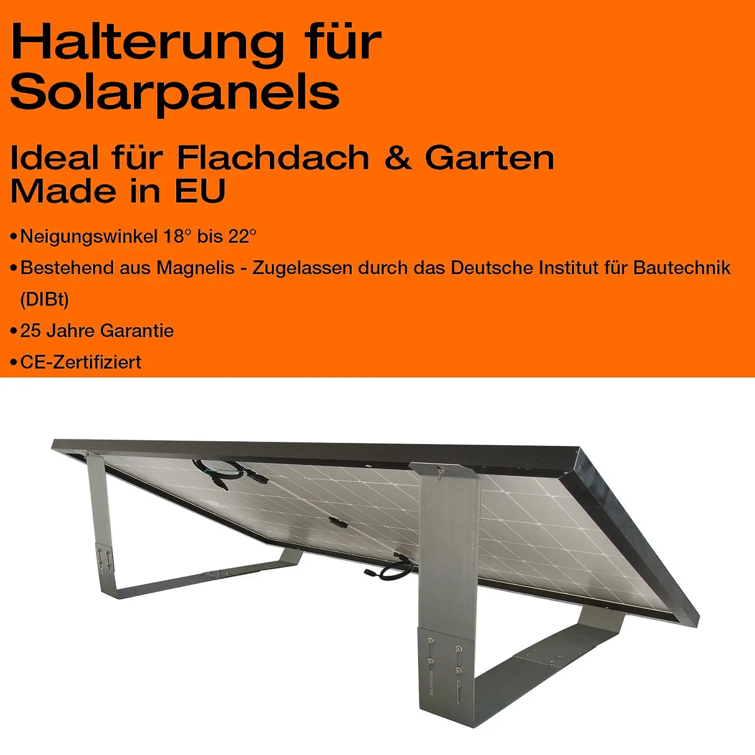 Visualisierung der Flachdach-/Gartenhalterung für Solarmodule – mit Produktinfos im Bild Visualisierung der Flachdach-/Gartenhalterung für Solarmodule – mit Produktinfos im Bild