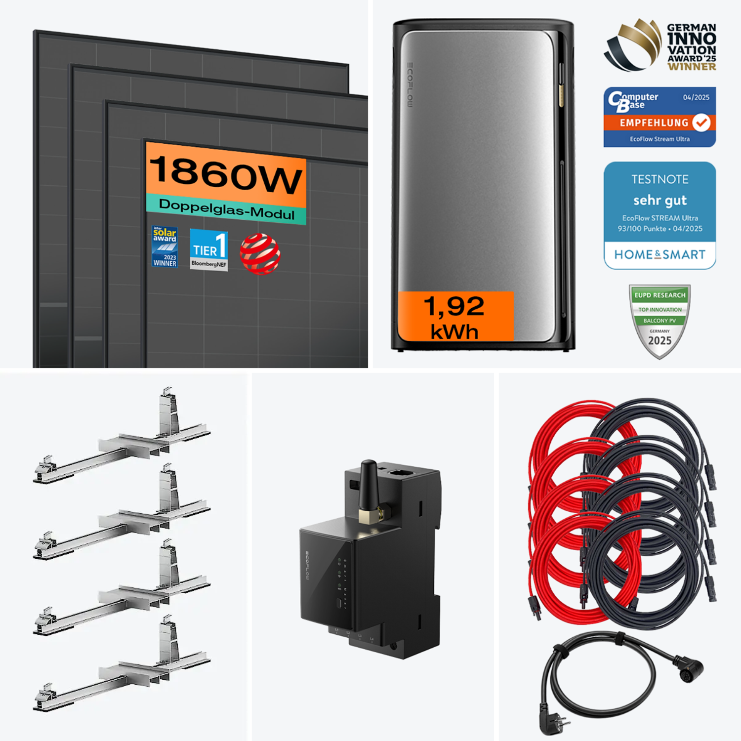 Lieferumfang Balkonkraftwerk Ultra 1800 W mit Speicher – Komplettset mit Halterung für Flachdach/Garten