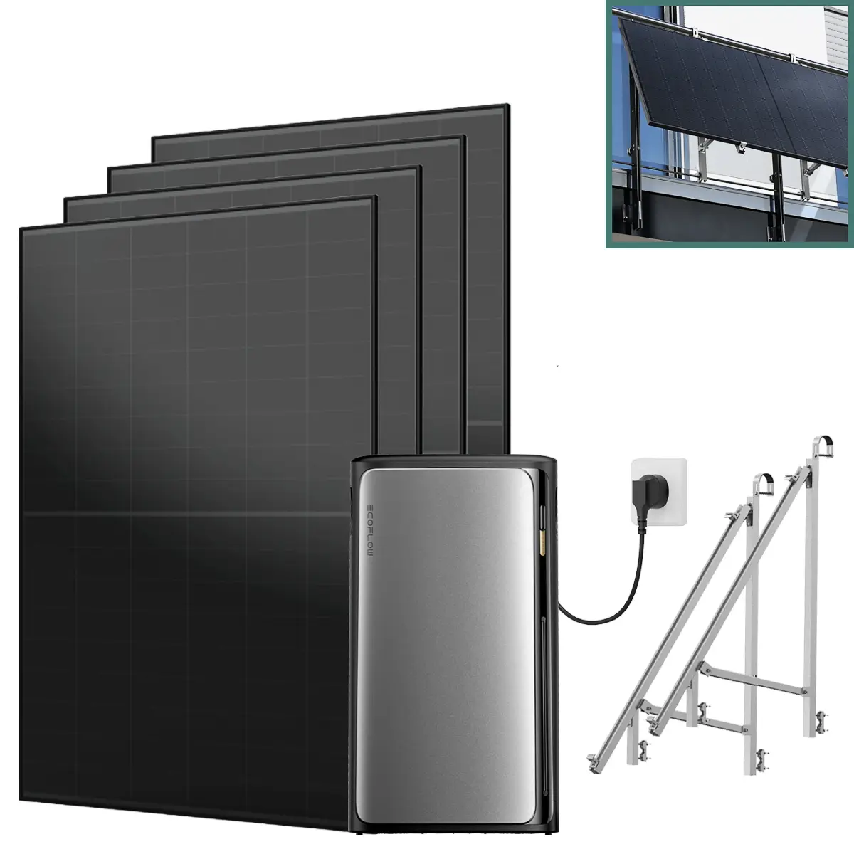 Balkonkraftwerk mit Speicher Ultra 1860 W mit Glasgeländer Halterung Balkonkraftwerk mit Speicher Ultra 1860 W mit Glasgeländer Halterung