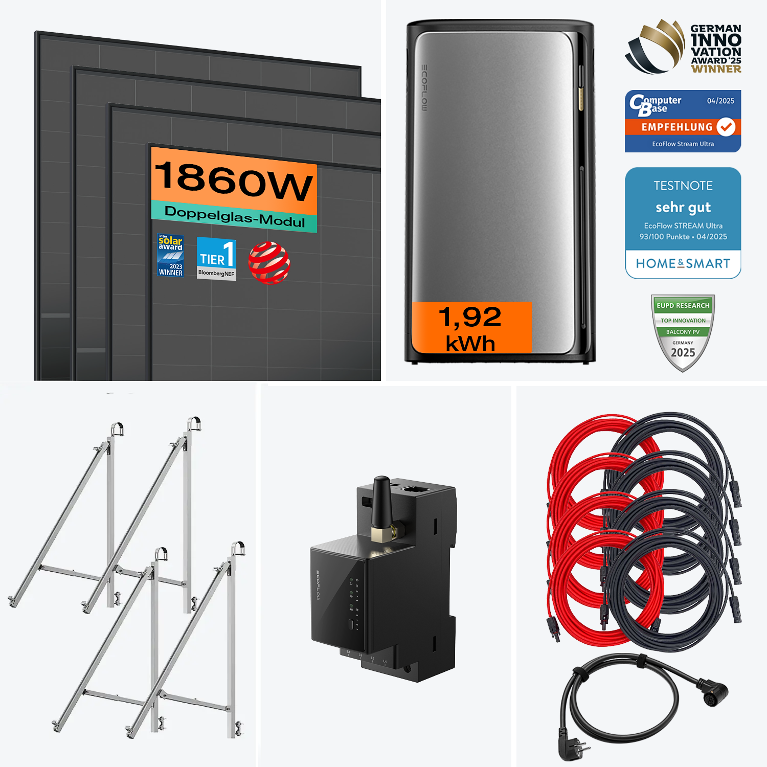 Balkonkraftwerk mit Speicher Ultra 1860 W mit Glasgeländer Halterung