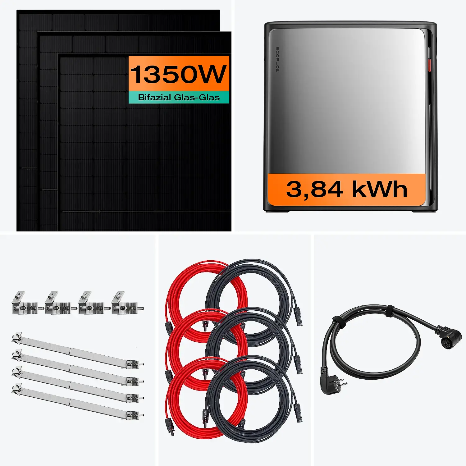 Balkonkraftwerk mit Speicher 1350 W & 3,8 kWh Komplettset mit Fassade 50° Halterung Balkonkraftwerk mit Speicher 1350 W & 3,8 kWh Komplettset mit Fassade 50° Halterung