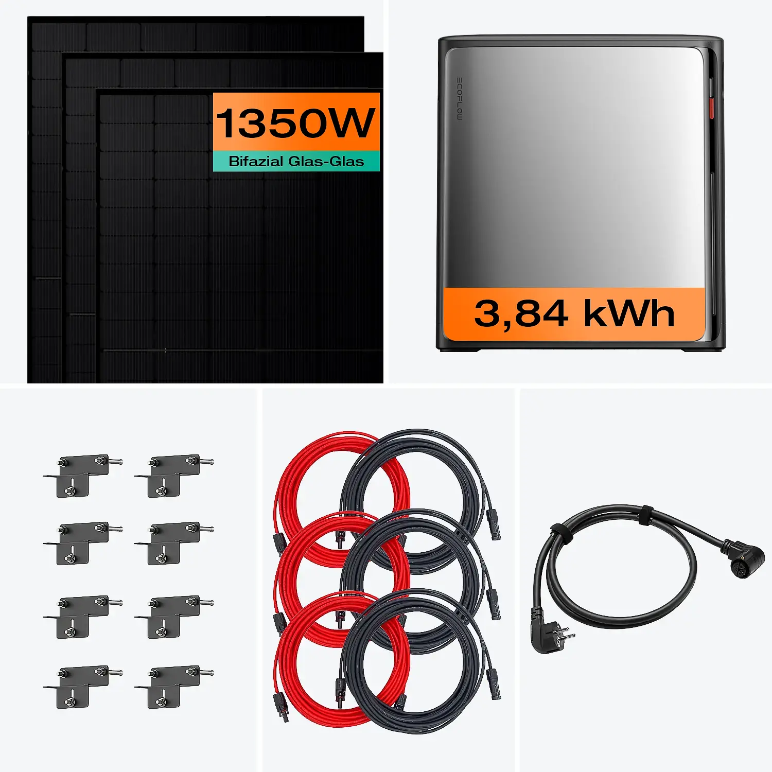 Balkonkraftwerk mit Speicher 1350 W & 3,8 kWh Komplettset mit Fassade 90° Halterung