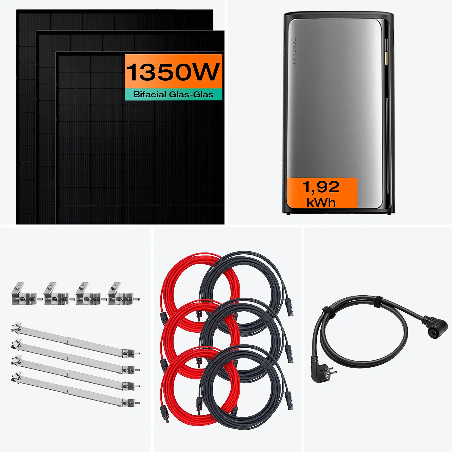 Balkonkraftwerk mit Speicher 1350 W Komplettset Pro mit Fassade 50° Halterung