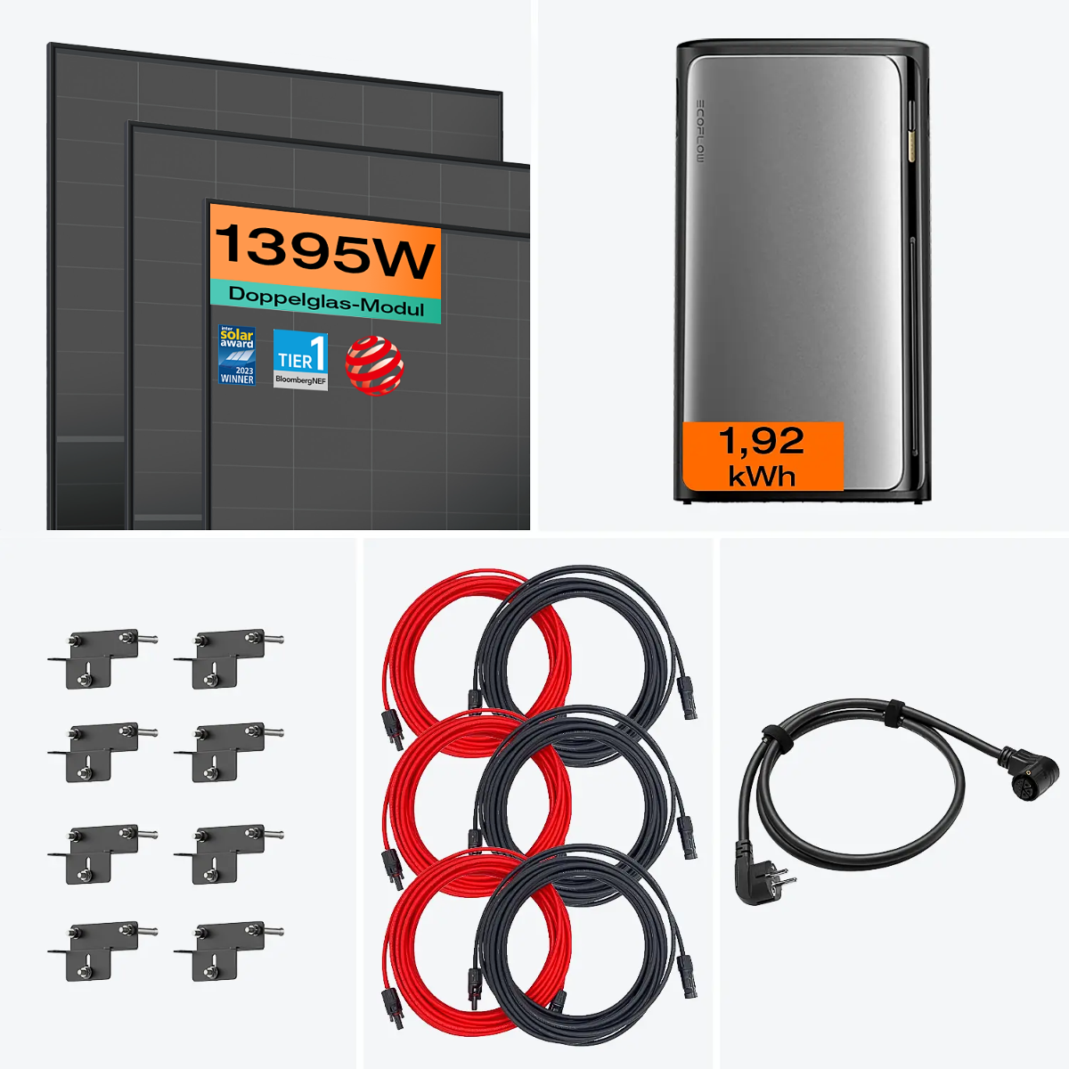 Setinhalt: 1350 W Balkonkraftwerk mit Speicherlösung und Fassade 90° Halterung