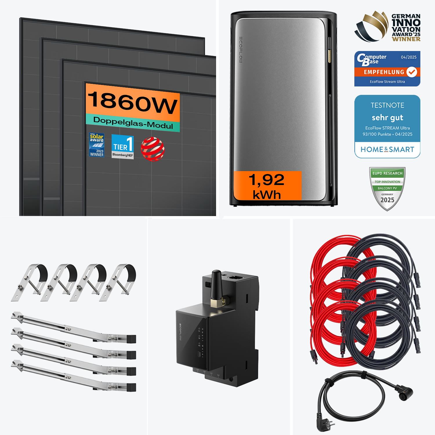 Lieferumfang Balkonkraftwerk Ultra 1800 W mit Speicher – Komplettset mit Halterung für Gittergeländer