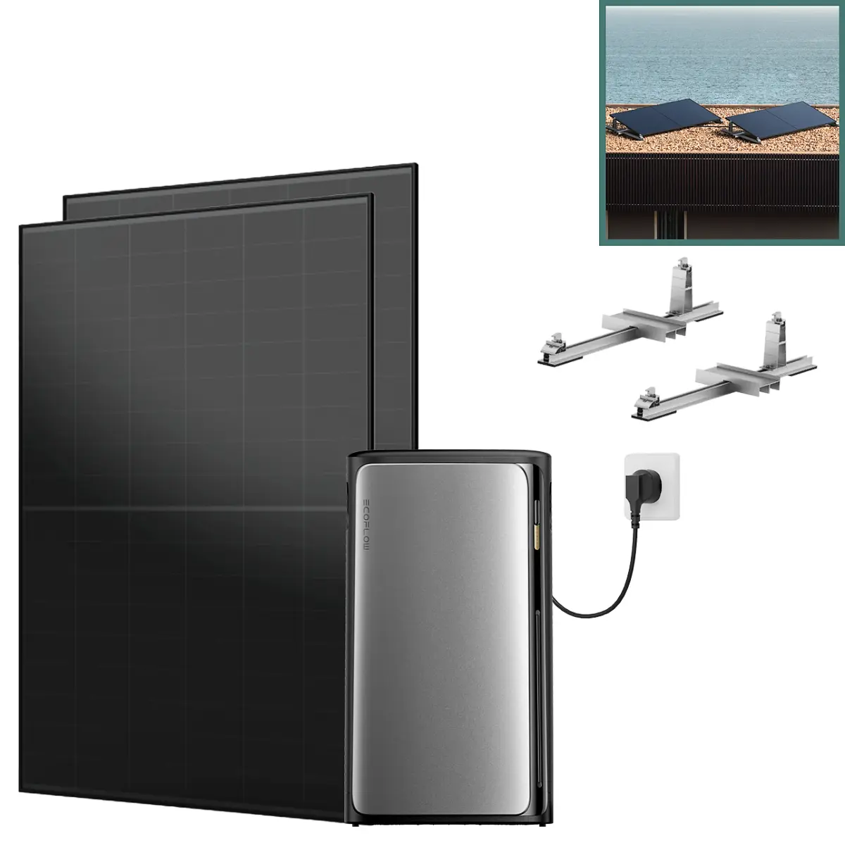 Balkonkraftwerk mit Speicher Pro 930 W mit Flachdach/Garten Halterung Balkonkraftwerk mit Speicher Pro 930 W mit Flachdach/Garten Halterung