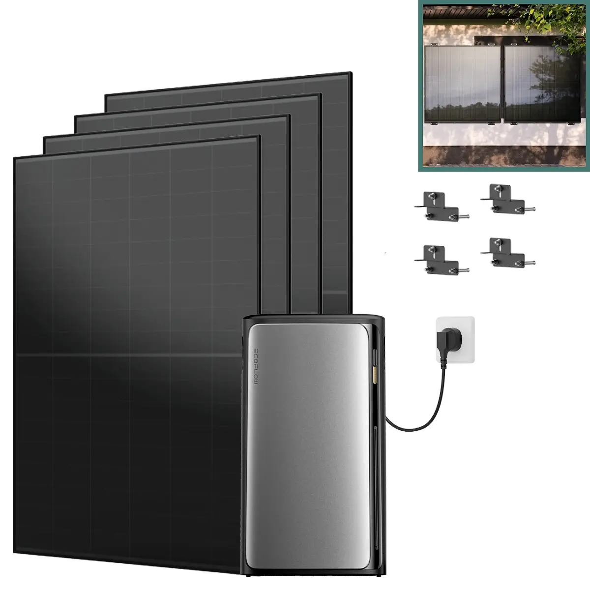 Balkonkraftwerk mit Speicher Ultra 1860 W mit Fassade 90° Halterung Balkonkraftwerk mit Speicher Ultra 1860 W mit Fassade 90° Halterung