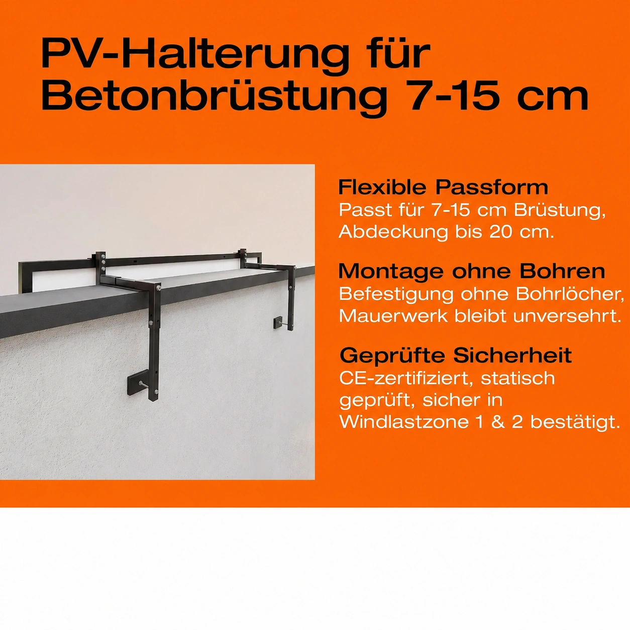 Solar-Halterung für Betonbrüstungen 7-15 cm