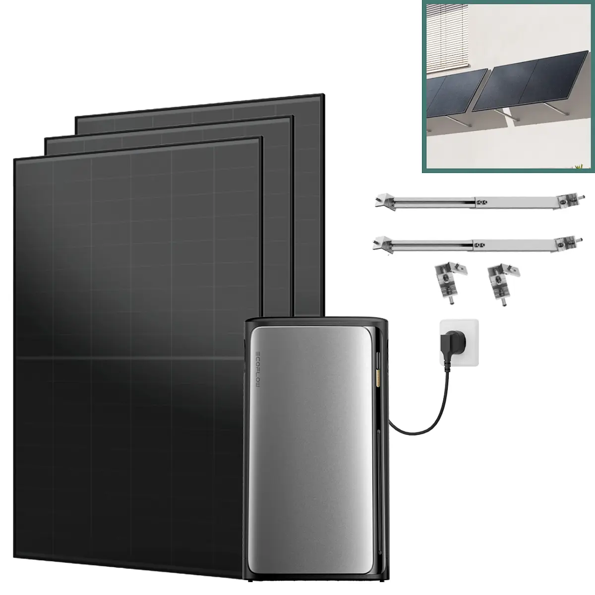 Balkonkraftwerk mit Speicher Pro 1395 W mit Fassade 50° Halterung Balkonkraftwerk mit Speicher Pro 1395 W mit Fassade 50° Halterung