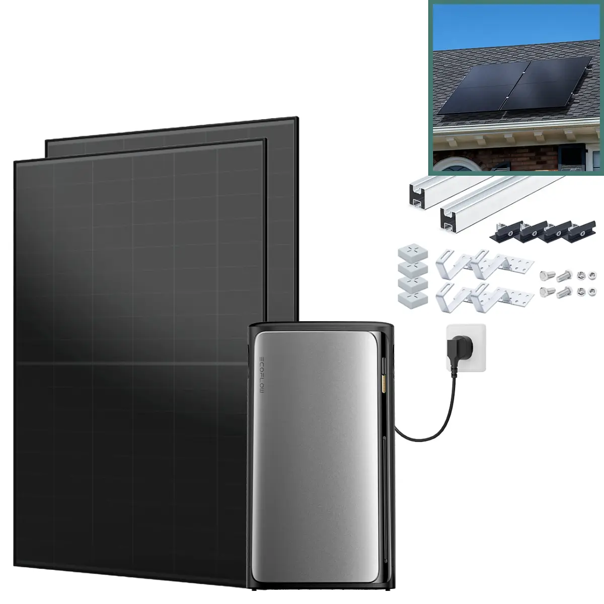 Balkonkraftwerk mit Speicher Pro 930 W mit Ziegeldach Halterung Balkonkraftwerk mit Speicher Pro 930 W mit Ziegeldach Halterung