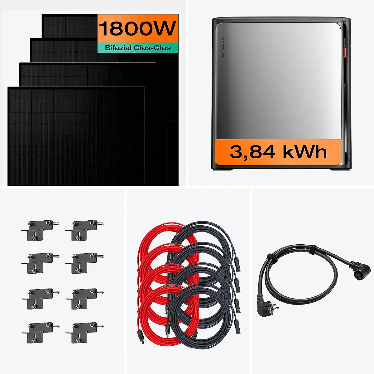 Balkonkraftwerk mit Speicher 1800 W & 3,8 kWh Komplettset mit Fassade 90° Halterung