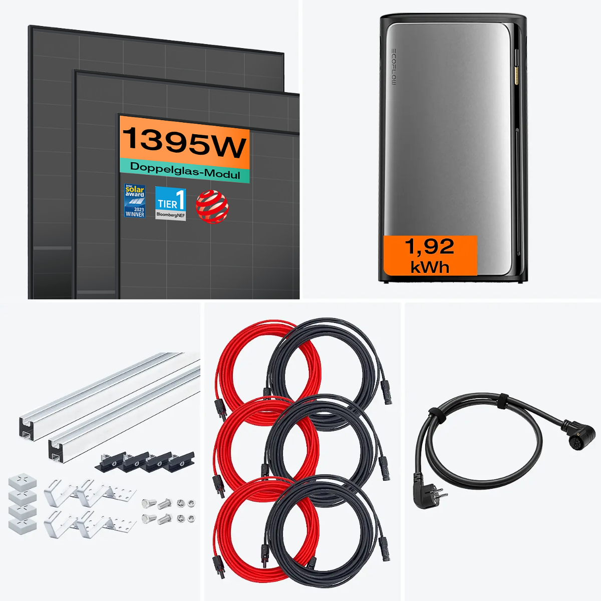 Setinhalt: 1350 W Balkonkraftwerk mit Speicherlösung und Ziegeldach-Halterung