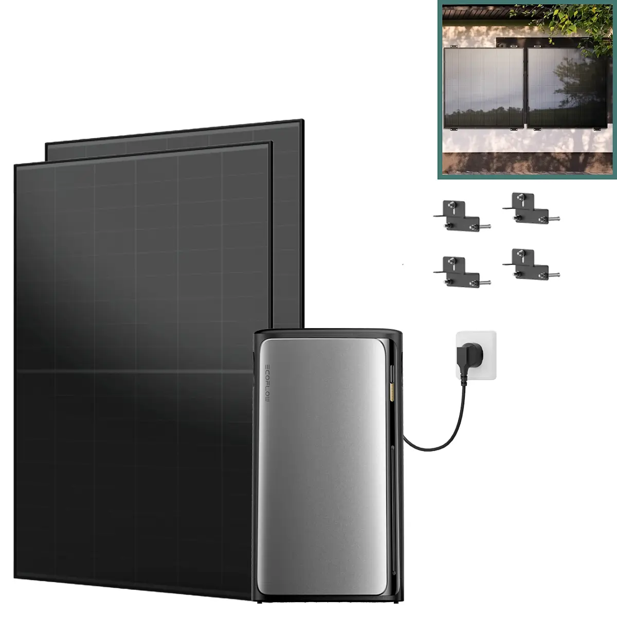 Balkonkraftwerk mit Speicher Pro 930 W mit Fassade 90° Halterung Balkonkraftwerk mit Speicher Pro 930 W mit Fassade 90° Halterung