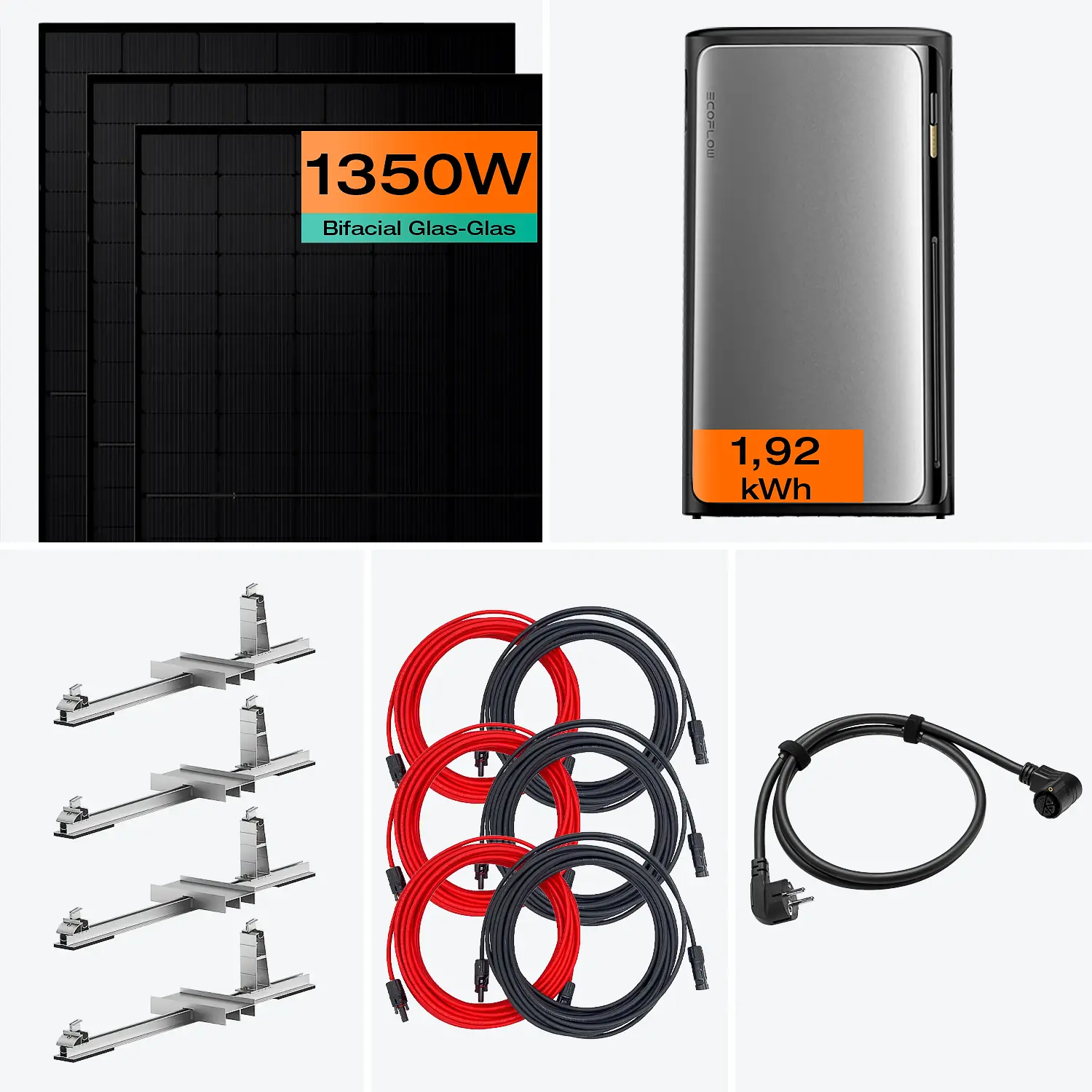 Balkonkraftwerk mit Speicher 1350 W Komplettset Pro mit Flachdach/Garten Halterung