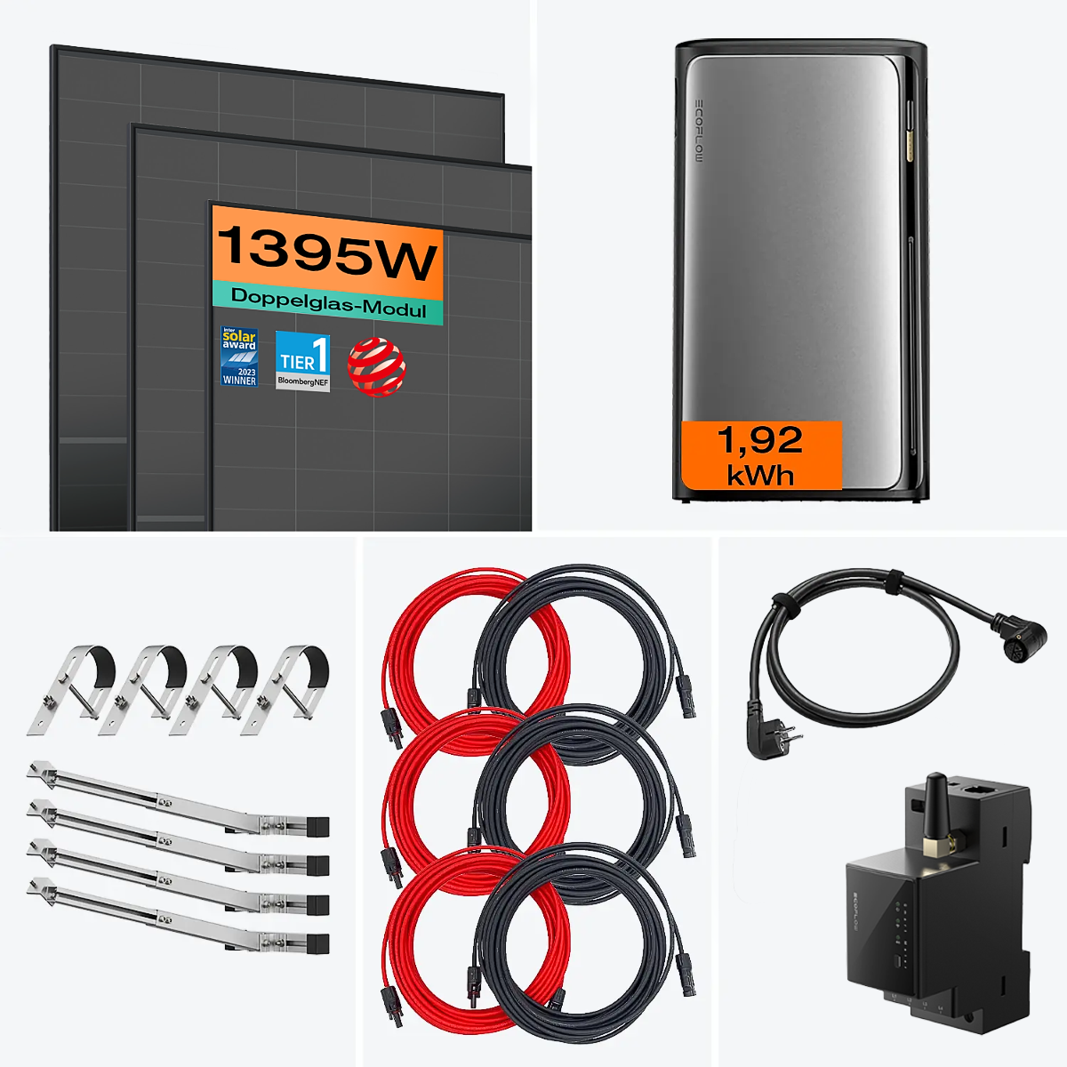 Setinhalt: 1350 W Balkonkraftwerk mit Speicherlösung und Gittergeländerhalterung