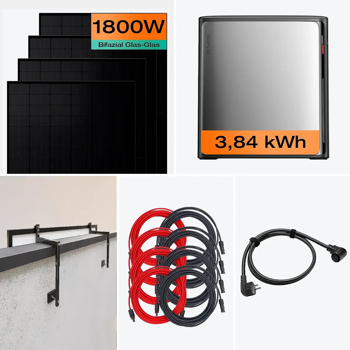 Balkonkraftwerk mit Speicher 1800 W & 3,8 kWh Komplettset mit Betonbrüstung Halterung (10-15 cm)