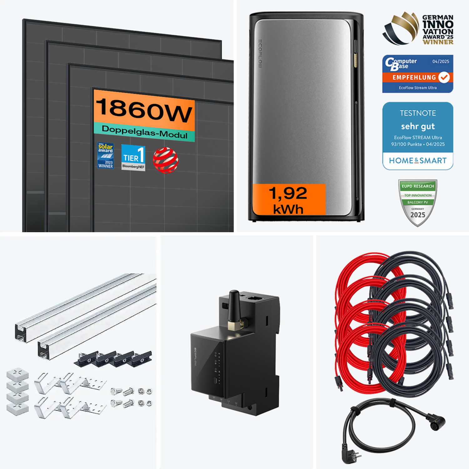 Setinhalt: Ultra 1800 W Balkonkraftwerk mit Speicherlösung und Ziegeldach-Halterung