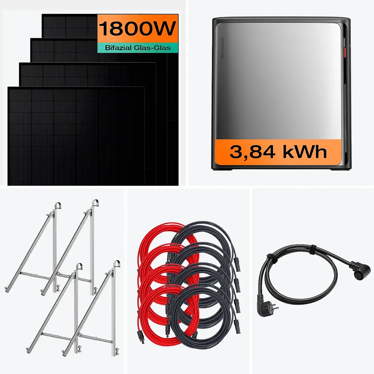 Balkonkraftwerk mit Speicher 1800 W & 3,8 kWh Komplettset mit Glasgeländer Halterung Balkonkraftwerk mit Speicher 1800 W & 3,8 kWh Komplettset mit Glasgeländer Halterung